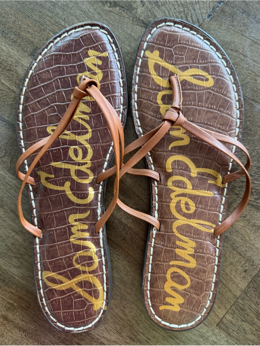 Sam Edelman Brown Croc-Embossed Thong Sandals with Tan Straps